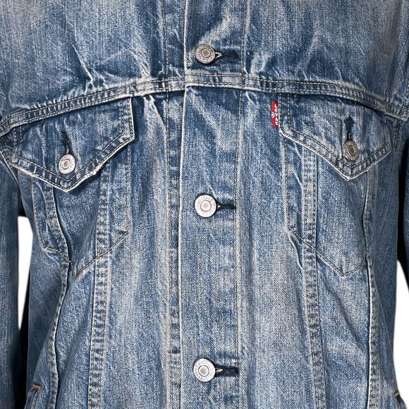 Levi's Denim Jacket Men's Blue Distressed Trucker Red Tab 100% Cotton Size Large - Picture 5 of 12